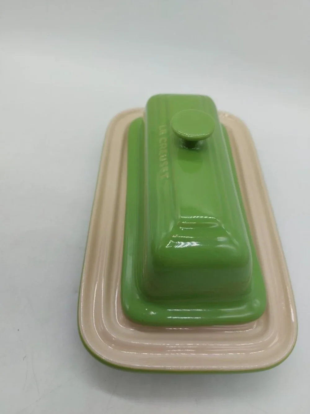 Le Creuset Butter Dish Stoneware Glazed Green Tan
